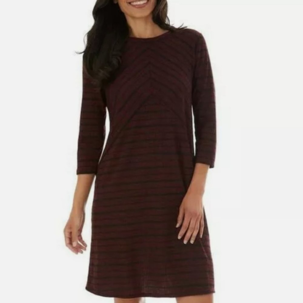 Apt 9 Ribbed Mini Dress Size Small Striped Maroon Ruched 3/4 Long Sleeve